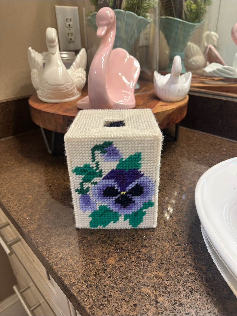 Vintage Handmade needlepoint Tissue Box Cover with Purple Pansy Motif